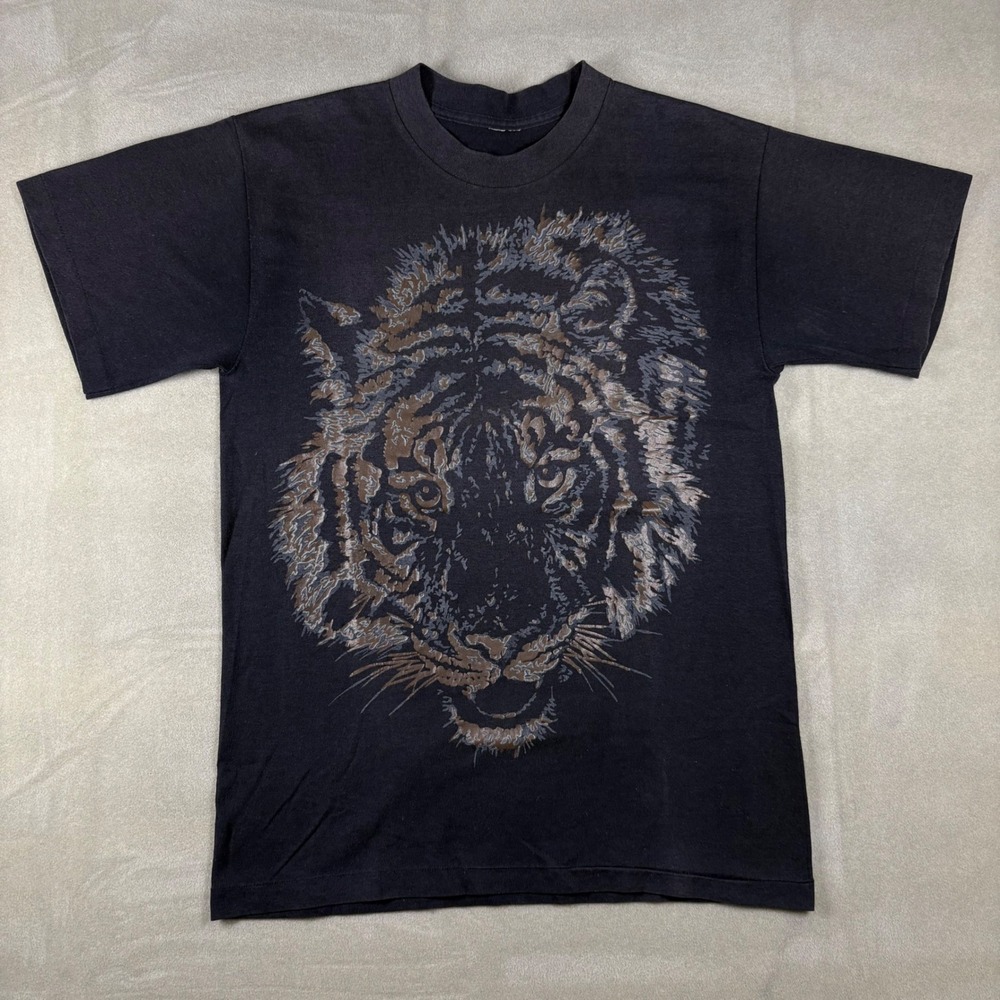 Vintage Tiger Face Graphic T-Shirt Single Stitch Black Faded Mens Small Medium
